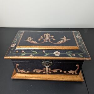 Toleware Keepsake Wooden Box Hand Painted Floral Folk Art